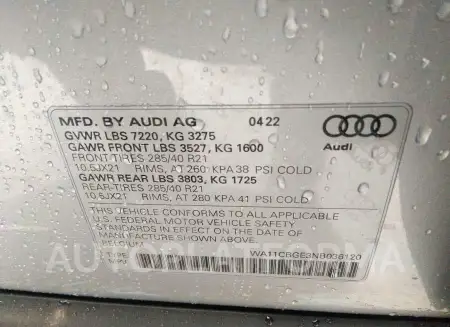 AUDI E-TRON S SPORTBACK 2022 vin WA11CBGE3NB036120 from auto auction Iaai