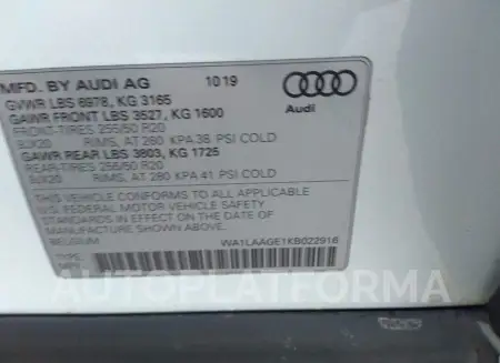 AUDI E-TRON 2019 vin WA1LAAGE1KB022916 from auto auction Iaai