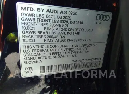 AUDI Q8 2021 vin WA1AVBF17MD006615 from auto auction Iaai