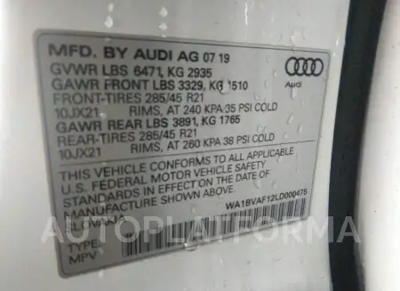 AUDI Q8 2020 vin WA1BVAF12LD000475 from auto auction Iaai