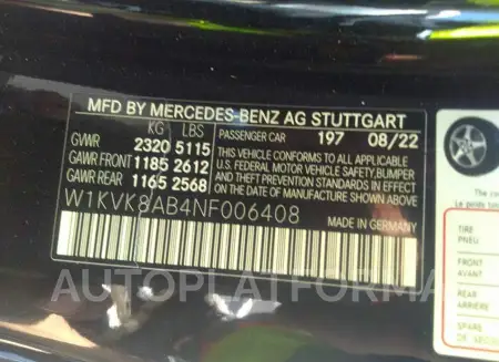 MERCEDES-BENZ SL 2022 vin W1KVK8AB4NF006408 from auto auction Iaai