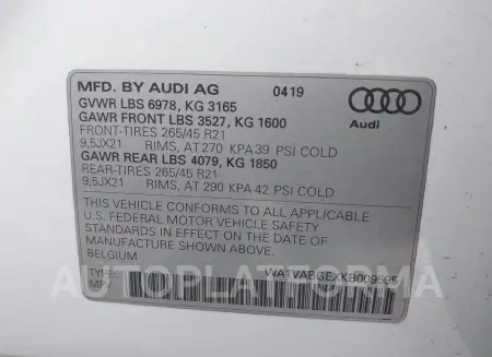 AUDI E-TRON 2019 vin WA1VABGEXKB009595 from auto auction Iaai