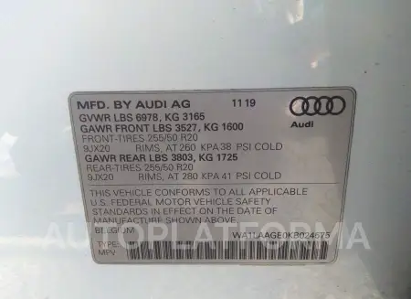 AUDI E-TRON 2019 vin WA1LAAGE0KB024575 from auto auction Iaai