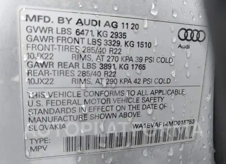 AUDI Q8 2021 vin WA1EVAF14MD015753 from auto auction Iaai