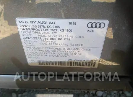 AUDI E-TRON 2019 vin WA1VAAGE3KB022618 from auto auction Iaai