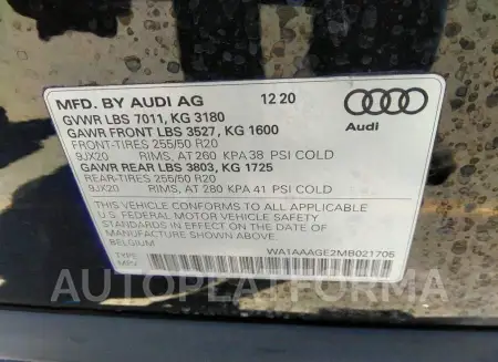 AUDI E-TRON 2021 vin WA1AAAGE2MB021705 from auto auction Iaai