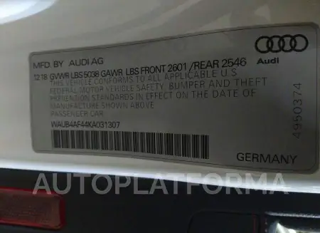 AUDI S4 2019 vin WAUB4AF44KA031307 from auto auction Iaai