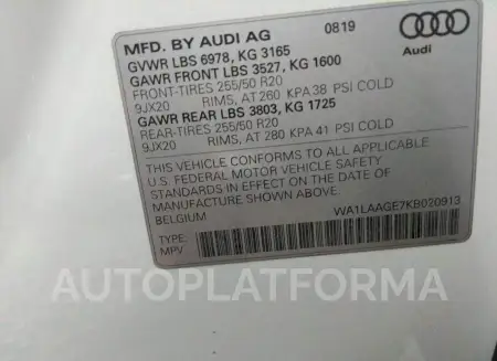 AUDI E-TRON 2019 vin WA1LAAGE7KB020913 from auto auction Iaai