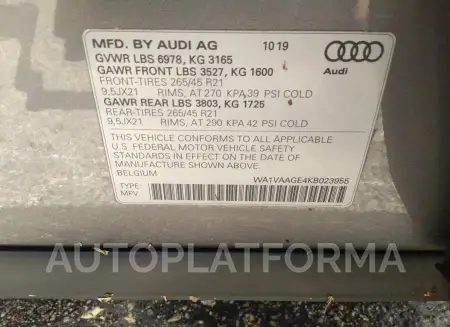 AUDI E-TRON 2019 vin WA1VAAGE4KB023955 from auto auction Iaai