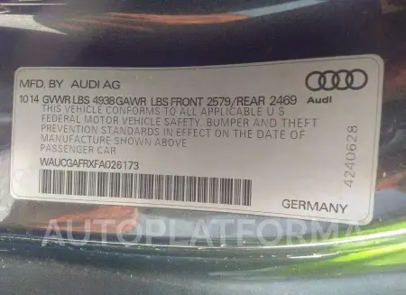 AUDI S5 2015 vin WAUCGAFRXFA026173 from auto auction Iaai