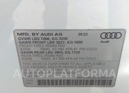 AUDI E-TRON 2022 vin WA1AAAGE2NB043043 from auto auction Iaai