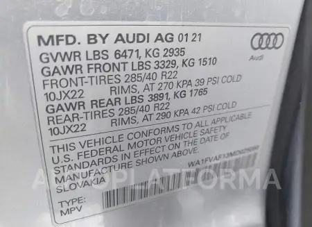 AUDI Q8 2021 vin WA1FVAF13MD025050 from auto auction Iaai