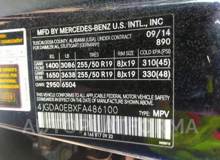 MERCEDES-BENZ M-CLASS 2015 vin 4JGDA0EBXFA486100 from auto auction Iaai