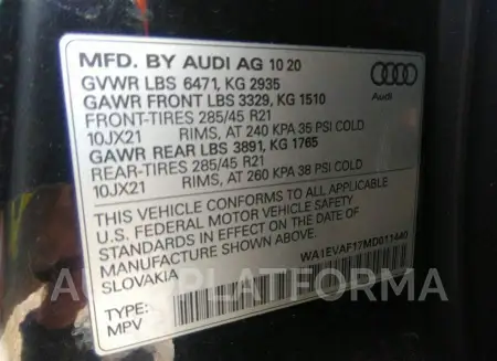 AUDI Q8 2021 vin WA1EVAF17MD011440 from auto auction Iaai