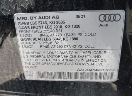 AUDI SQ5 SPORTBACK 2021 vin WA124AFY4M2107752 from auto auction Iaai