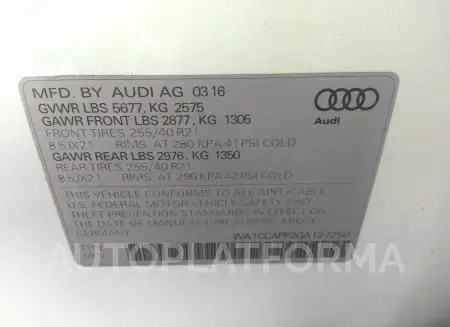 AUDI SQ5 2016 vin WA1CCAFP2GA127250 from auto auction Iaai