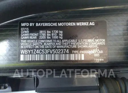 BMW I3 2015 vin WBY1Z4C53FV502374 from auto auction Iaai