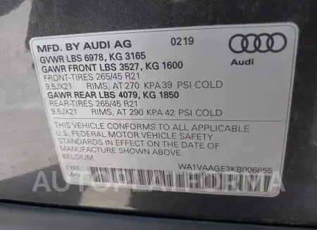 AUDI E-TRON 2019 vin WA1VAAGE3KB006855 from auto auction Iaai