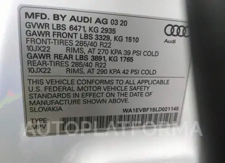 AUDI Q8 2020 vin WA1EVBF15LD021145 from auto auction Iaai