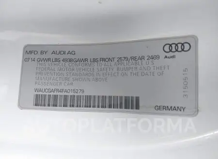 AUDI S5 2015 vin WAUCGAFR4FA015279 from auto auction Iaai