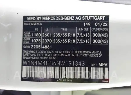 MERCEDES-BENZ GLB 2022 vin W1N4M4HB6NW191343 from auto auction Iaai