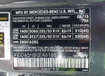 MERCEDES-BENZ M-CLASS 2015 vin 4JGDA5HB0FA618810 from auto auction Iaai