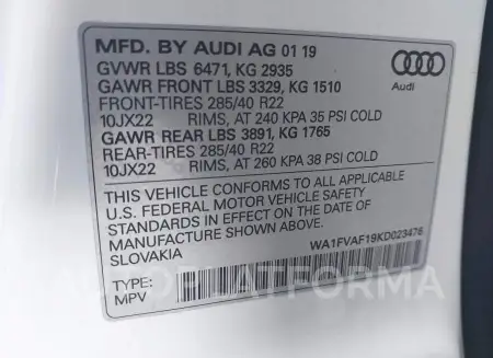 AUDI Q8 2019 vin WA1FVAF19KD023476 from auto auction Iaai