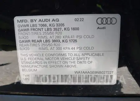 AUDI E-TRON 2022 vin WA1AAAGE9NB027227 from auto auction Iaai