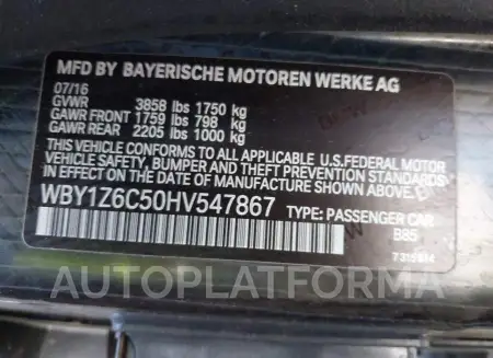 BMW I3 2017 vin WBY1Z6C50HV547867 from auto auction Iaai