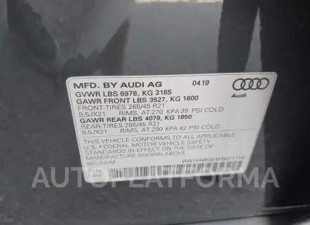 AUDI E-TRON 2019 vin WA1VABGE4KB011116 from auto auction Iaai