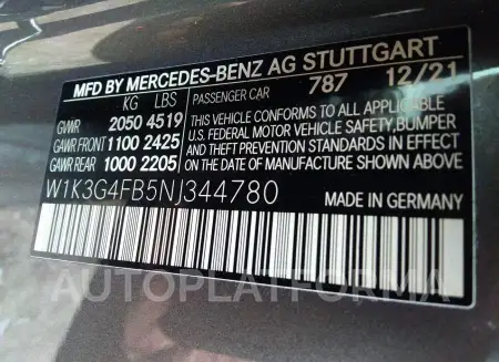 MERCEDES-BENZ A-CLASS 2022 vin W1K3G4FB5NJ344780 from auto auction Iaai