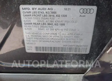 AUDI SQ5 SPORTBACK 2022 vin WA124AFY2N2037332 from auto auction Iaai