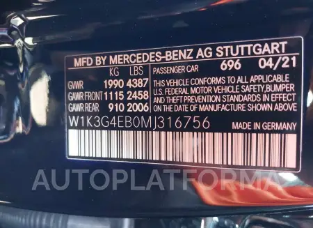 MERCEDES-BENZ A-CLASS 2021 vin W1K3G4EB0MJ316756 from auto auction Iaai