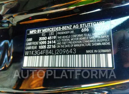 MERCEDES-BENZ A-CLASS 2020 vin W1K3G4FB4LJ209643 from auto auction Iaai