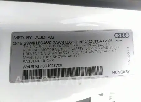 AUDI S3 2016 vin WAUB1GFF3G1028709 from auto auction Iaai