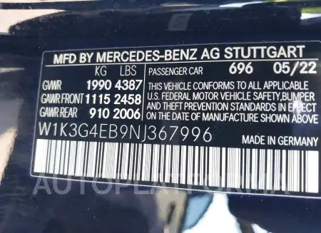 MERCEDES-BENZ A-CLASS 2022 vin W1K3G4EB9NJ367996 from auto auction Iaai