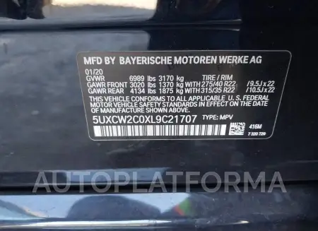 BMW X7 2020 vin 5UXCW2C0XL9C21707 from auto auction Iaai