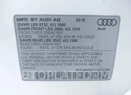 AUDI SQ5 2018 vin WA1A4AFY2J2137100 from auto auction Iaai