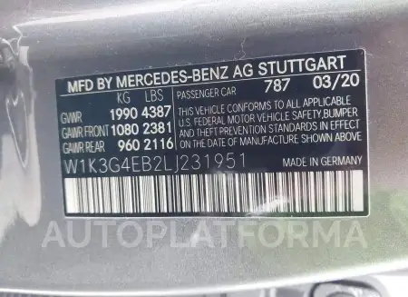 MERCEDES-BENZ A 220 2020 vin W1K3G4EB2LJ231951 from auto auction Iaai