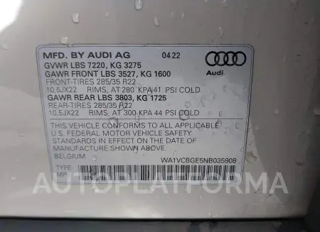 AUDI E-TRON S 2022 vin WA1VCBGE5NB035908 from auto auction Iaai