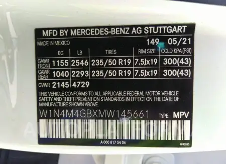 MERCEDES-BENZ GLB 250 2021 vin W1N4M4GBXMW145661 from auto auction Iaai