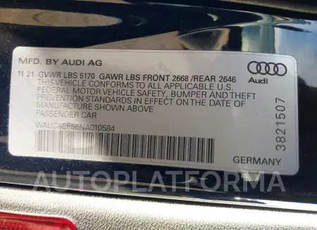 AUDI S5 SPORTBACK 2022 vin WAUC4CF56NA010584 from auto auction Iaai