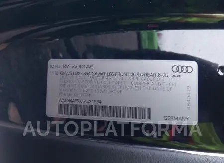 AUDI S5 2019 vin WAUR4AF5XKA021534 from auto auction Iaai