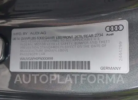 AUDI S5 2015 vin WAUVGAFH0FN000898 from auto auction Iaai