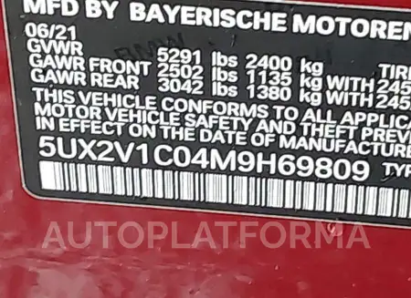 BMW X4 2021 vin 5UX2V1C04M9H69809 from auto auction Iaai