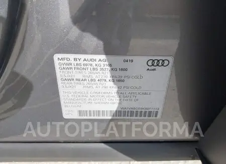 AUDI E-TRON 2019 vin WA1VABGE9KB011113 from auto auction Iaai