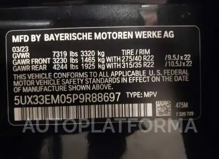 BMW X7 2023 vin 5UX33EM05P9R88697 from auto auction Iaai