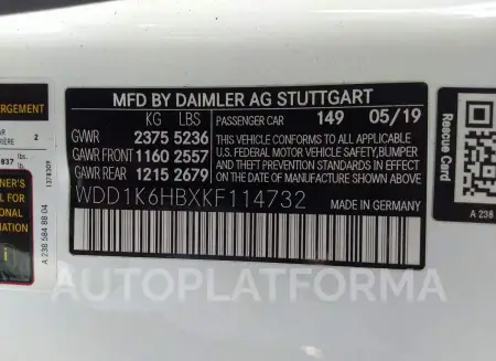 MERCEDES-BENZ E-CLASS 2019 vin WDD1K6HBXKF114732 from auto auction Iaai