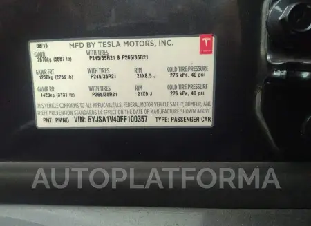 TESLA MODEL S 2015 vin 5YJSA1V40FF100357 from auto auction Iaai