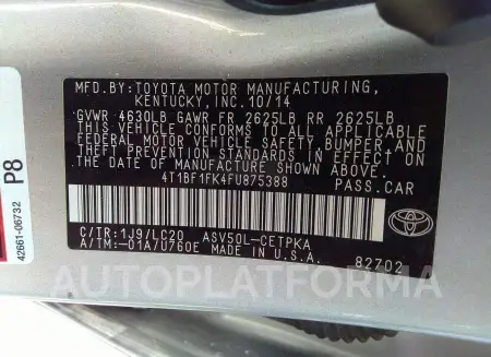 TOYOTA CAMRY 2015 vin 4T1BF1FK4FU875388 from auto auction Iaai